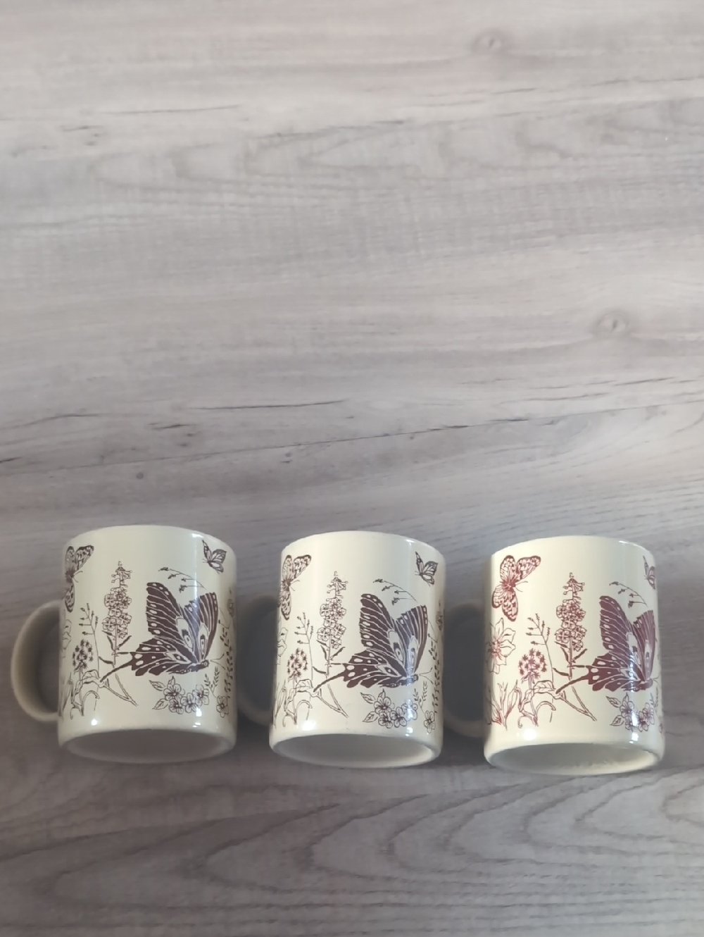 Set Of 3 Butterfly Floral Ceramic Mugs - White with Brown Design